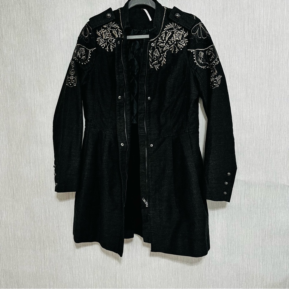 Free People Stand-Collar Embroidered Embellished Sergeant Coat Charcoal Size 10